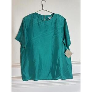 VTG 100% Silk Blouse Teal Short Sleeve Size L Button Closure Flowy Bright